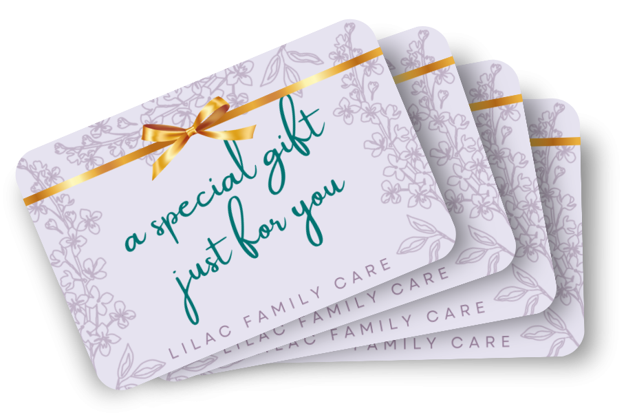 Four gift certificates with a floral design and a gold ribbon, featuring the text 'a special gift just for you' and 'LILAC FAMILY CARE'.