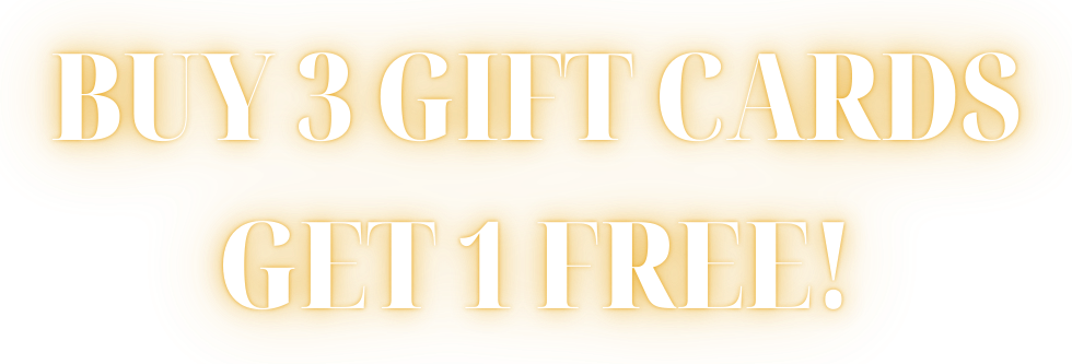 Promotional graphic announcing 'Buy 3 Gift Cards, Get 1 Free!' written in white text on a yellow background with a stylized border.