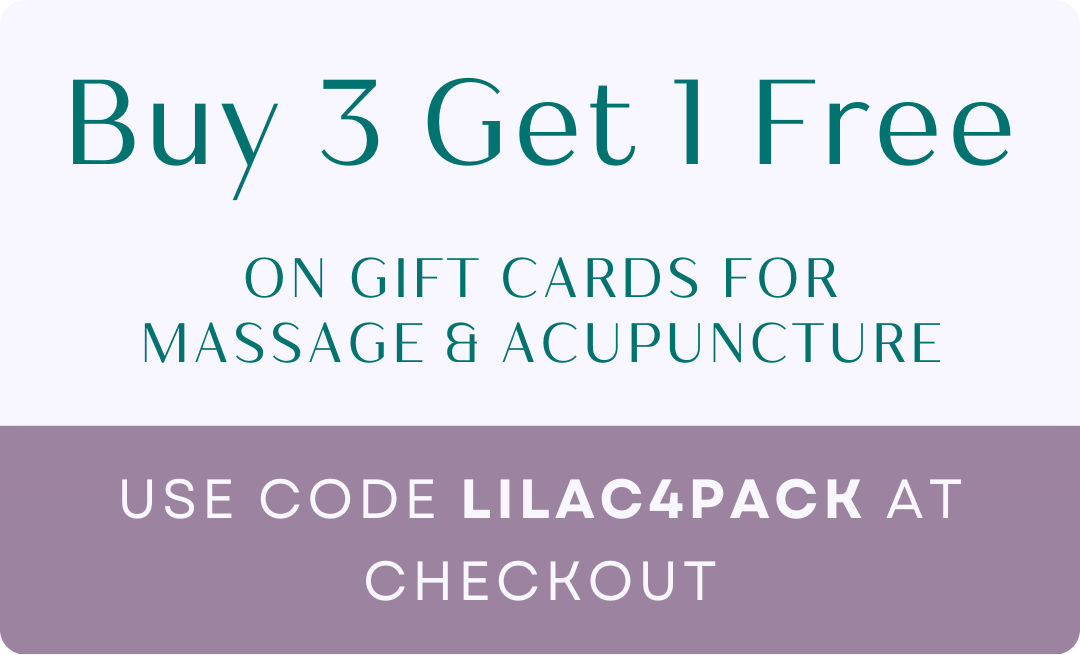 Promotional graphic offering 'Buy 3 Get 1 Free' on gift cards for massage and acupuncture, with a code to use at checkout.