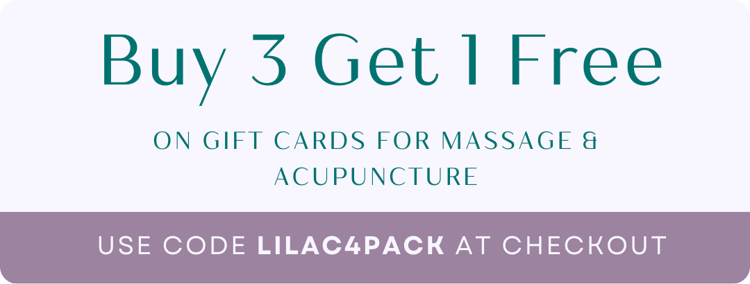 Promotional banner: Buy 3 Get 1 Free on gift cards for massage and acupuncture. Use code LILAC4PACK at checkout.